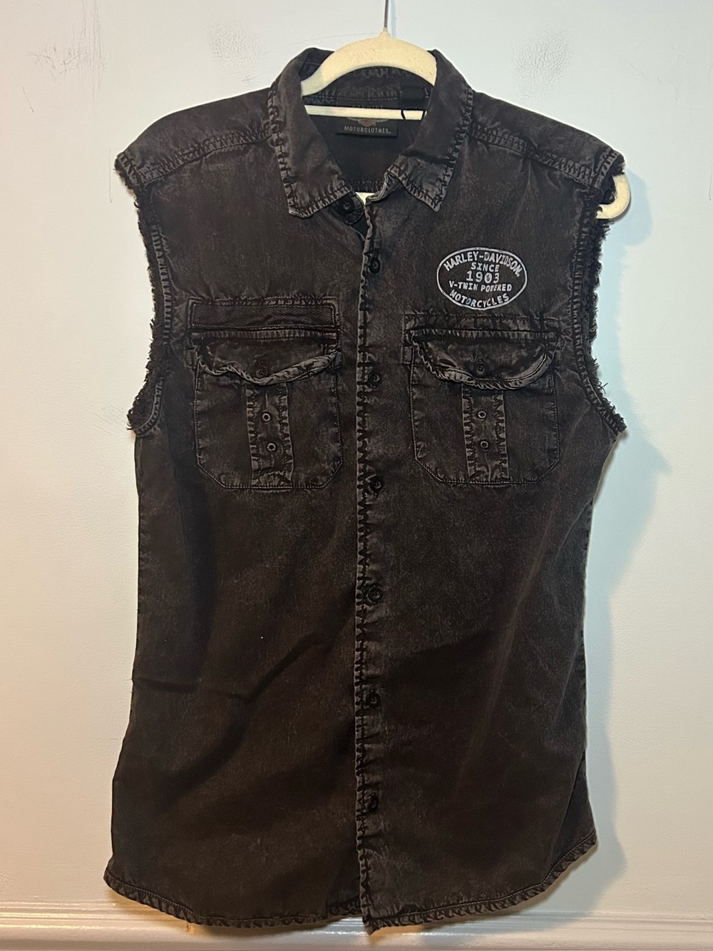 Motorcycles Harley Davidson Black Button-Down Graphic Denim Gillet Top Small